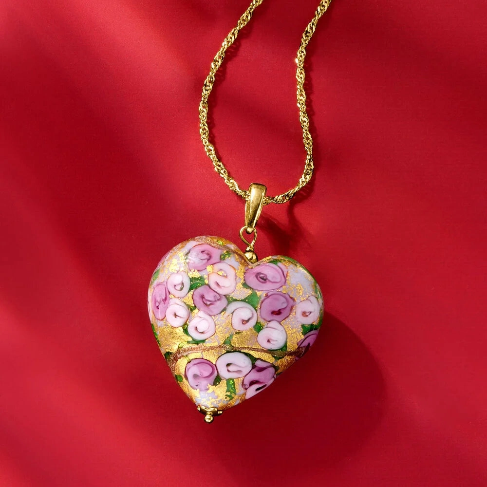 Ross Simons Italian Multicolored Murano Glass Rose Heart Adjustable Pendant Necklace