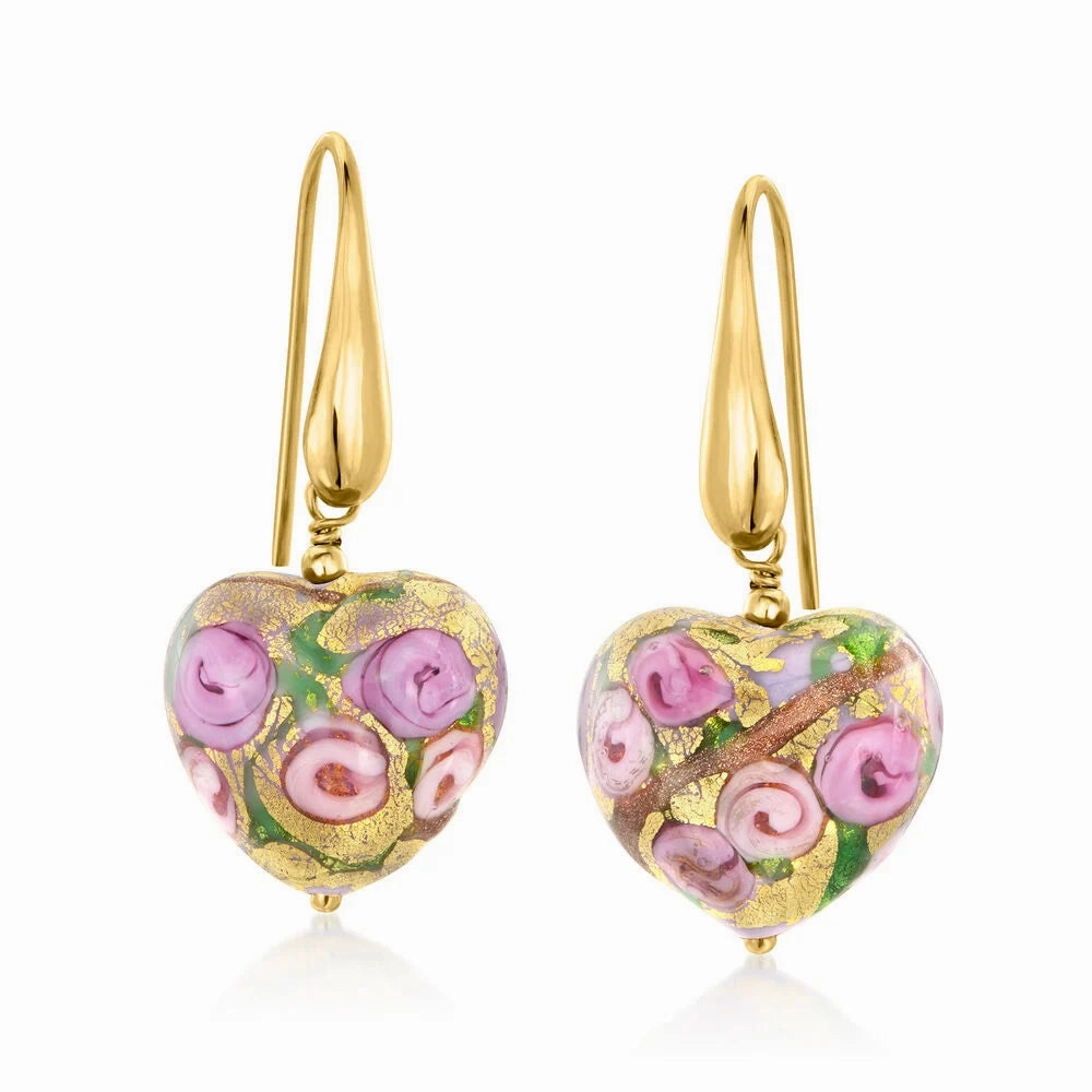 Ross Simons Italian Multicolored Murano Glass Rose Heart Drop Earrings