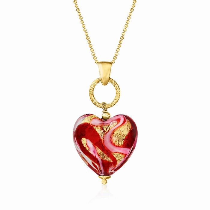 Ross-Simons Italian Red and Pink Murano Glass Heart Pendant Necklace