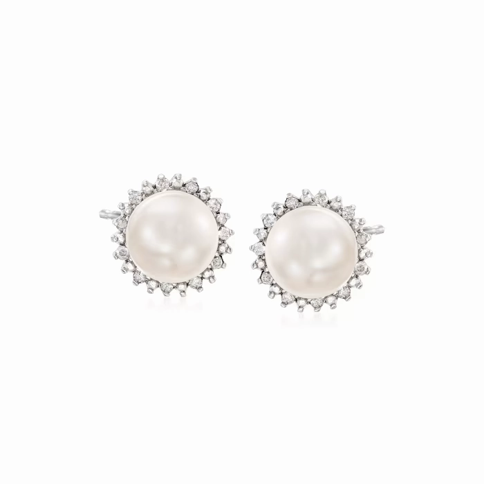 Ross-Simons Sterling Silver Cultured Button Pearl & Diamond Stud Earrings
