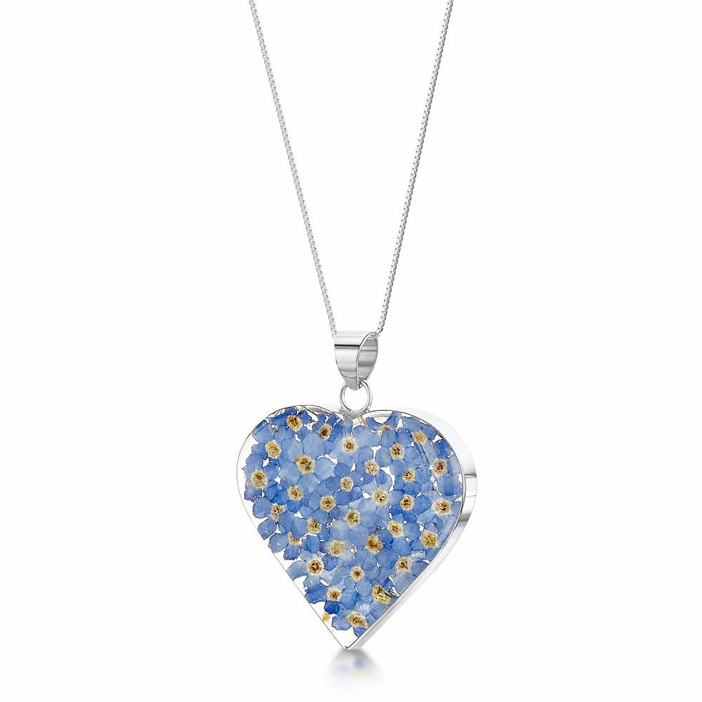 Shrieking Violet Real Flower Forget Me Not Heart Silver Pendant FP14