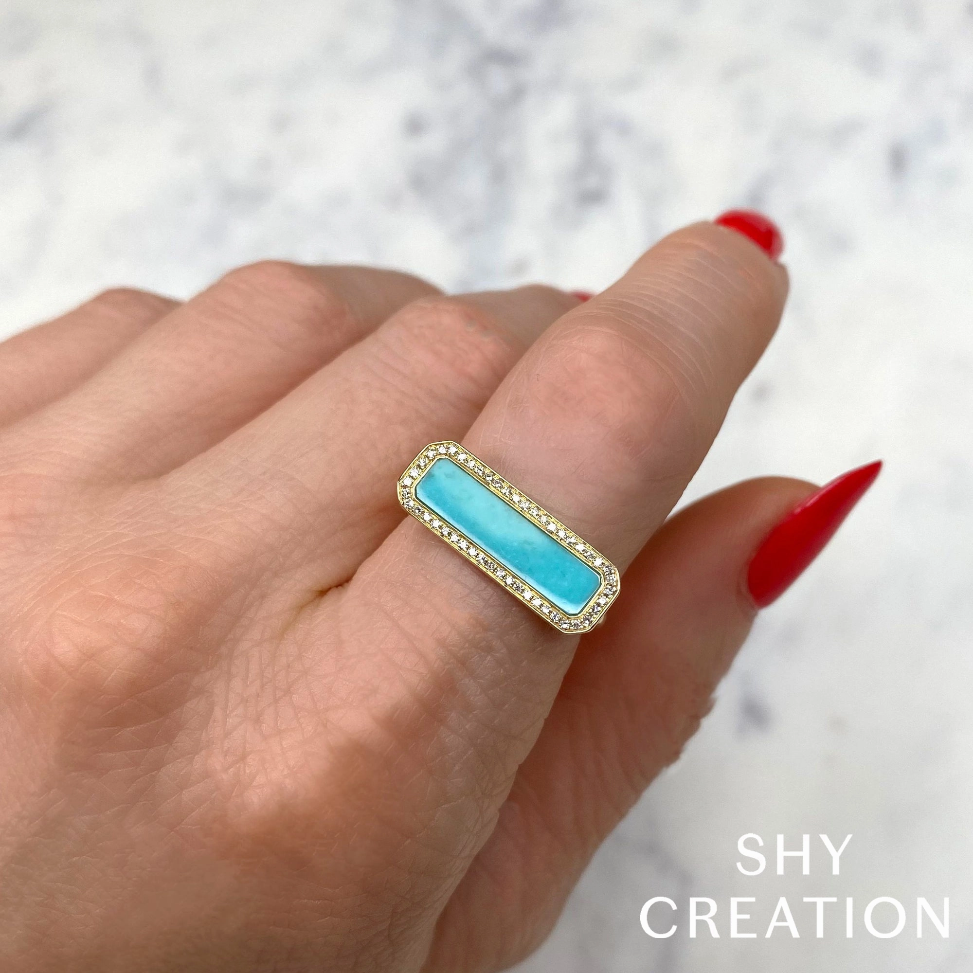 Shy Creation 0.11Ct Diamond & 1.03Ct Composite Turquoise Bar Ring SC55024850