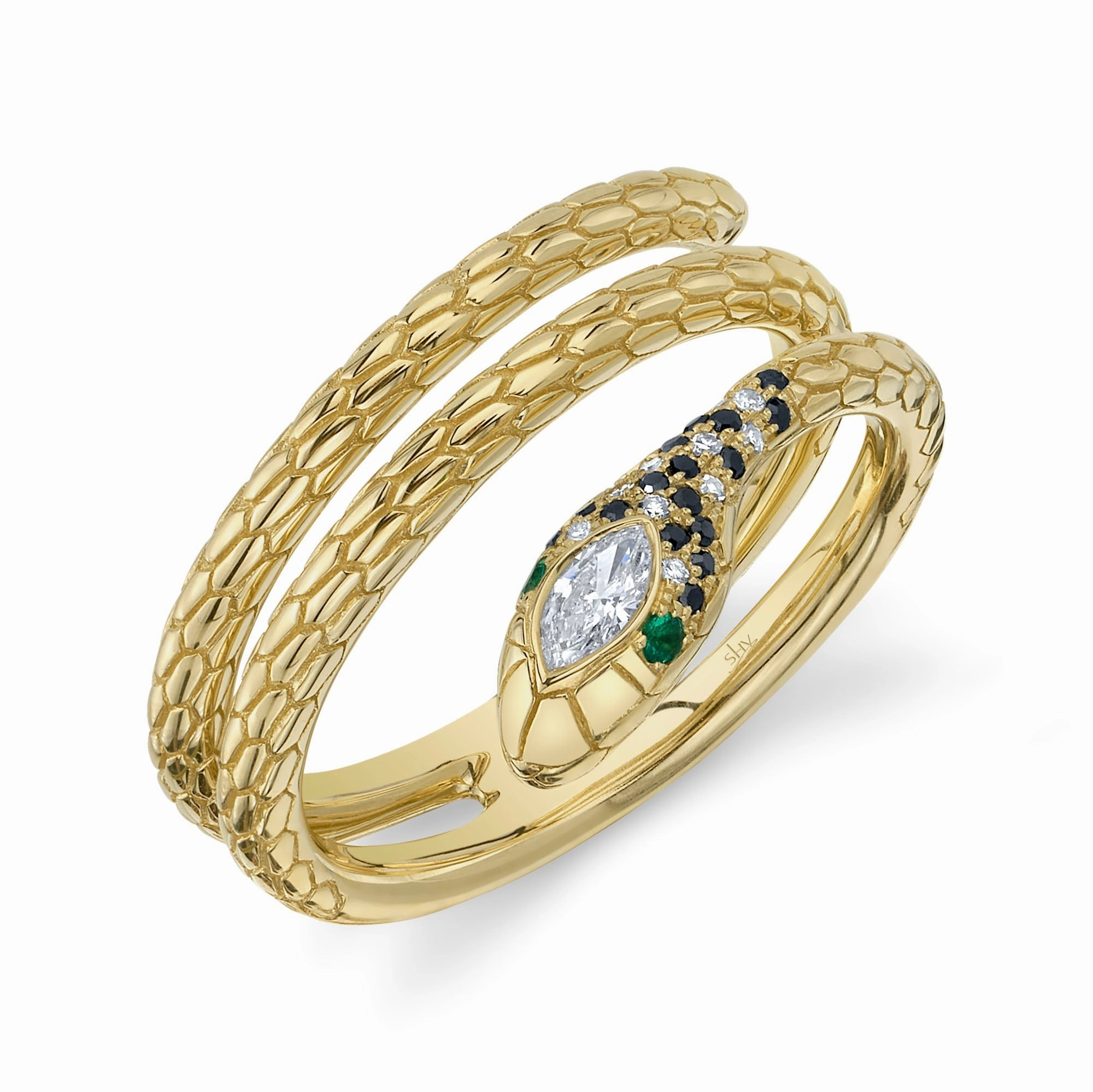 Shy Creation 0.17Ct Black & White Diamond & 0.02Ct Emerald Snake Ring SC55023421