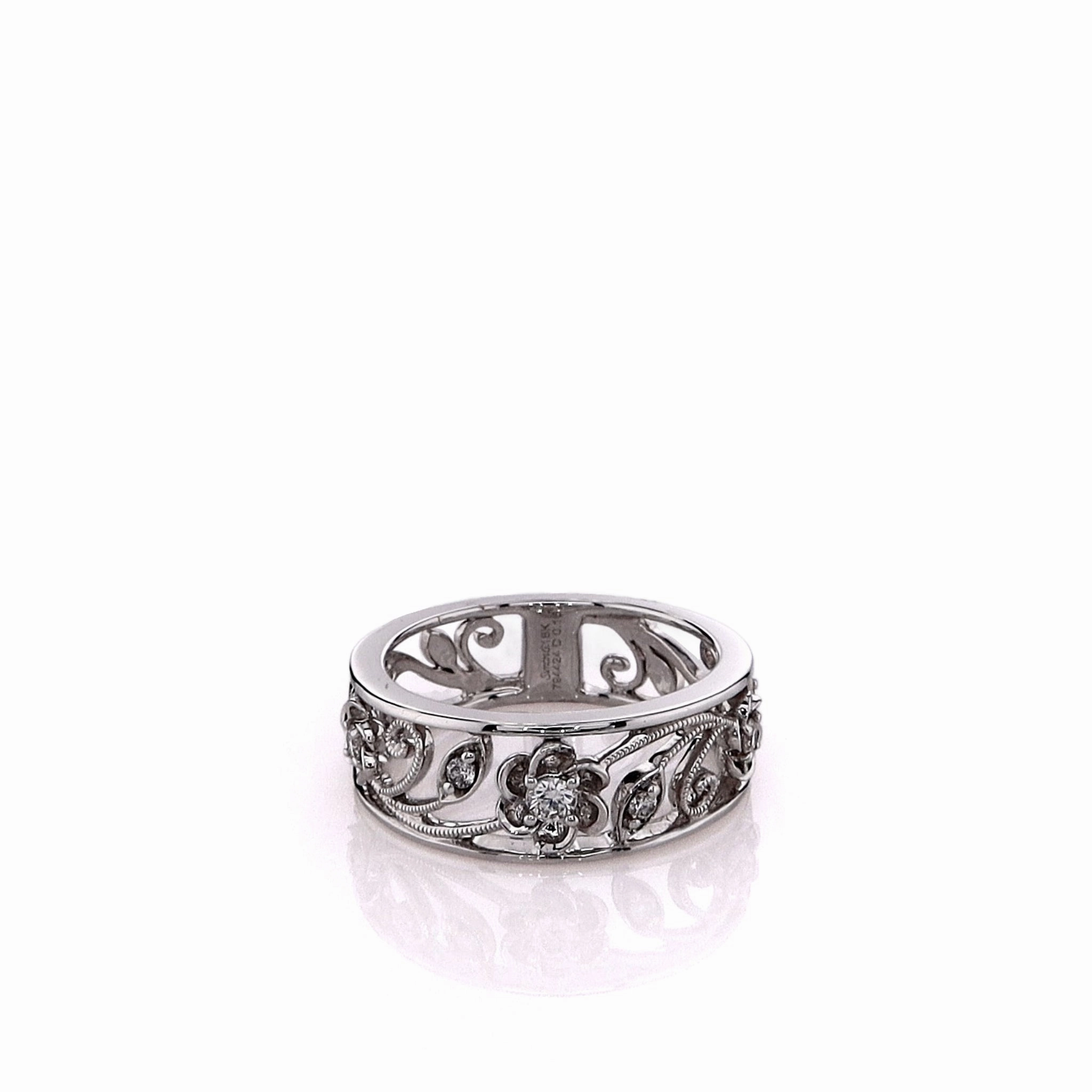 Simon G. 18k White Gold Floral and Leaf Design Open Work Diamond Band