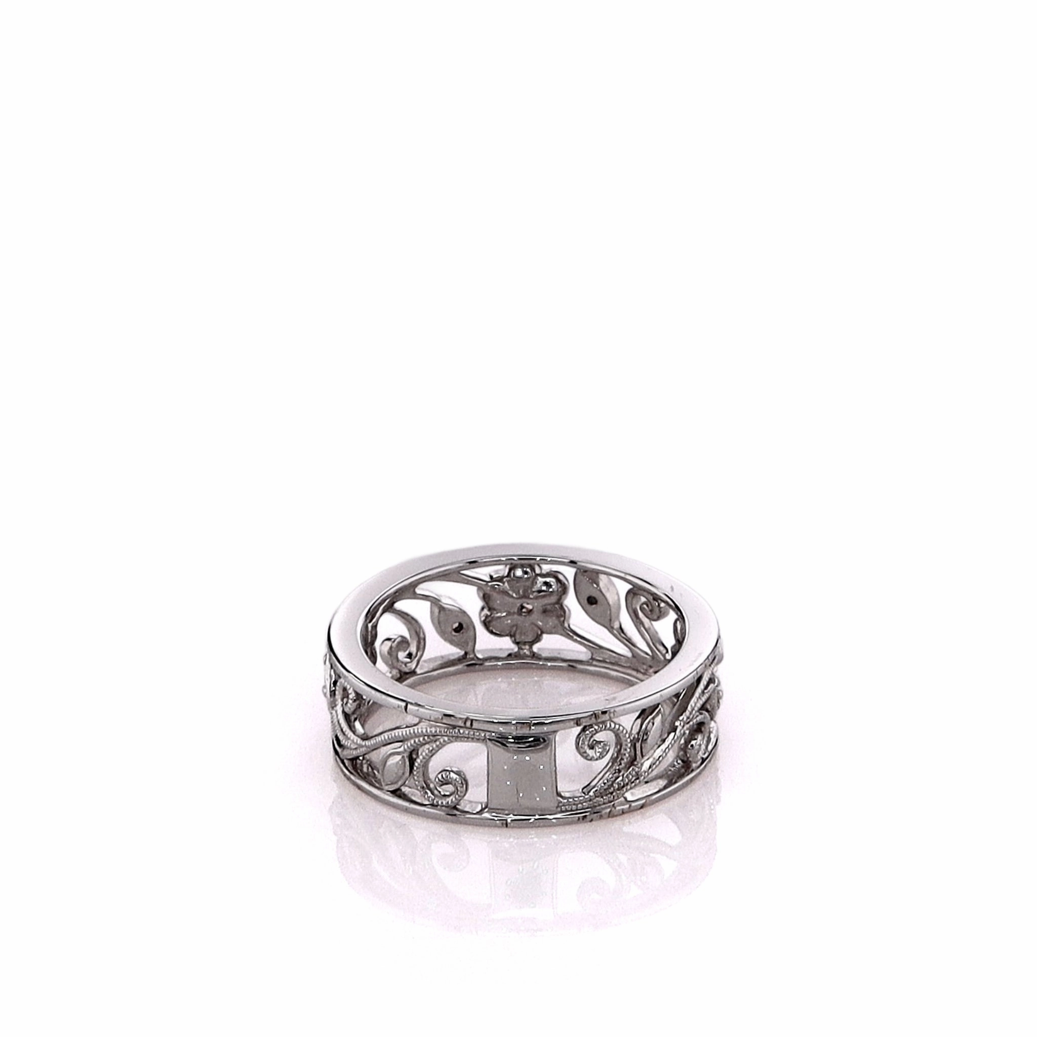 Simon G. 18k White Gold Floral and Leaf Design Open Work Diamond Band