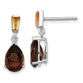 SS & 14K Accent Rhodium Plated Smoky Quartz and Citrine Earrings