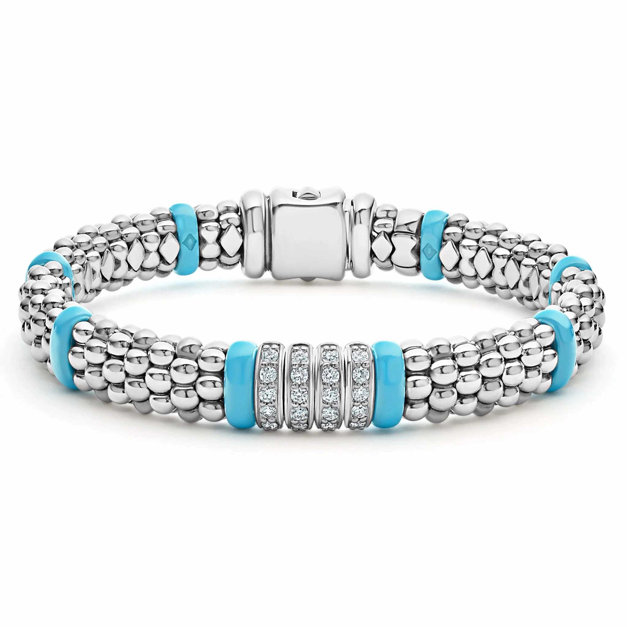 SS BRAC BLU CAV CERAMIC 4 ROW  PAV D.44TW SMTH 9MM ROPE  SZ7"