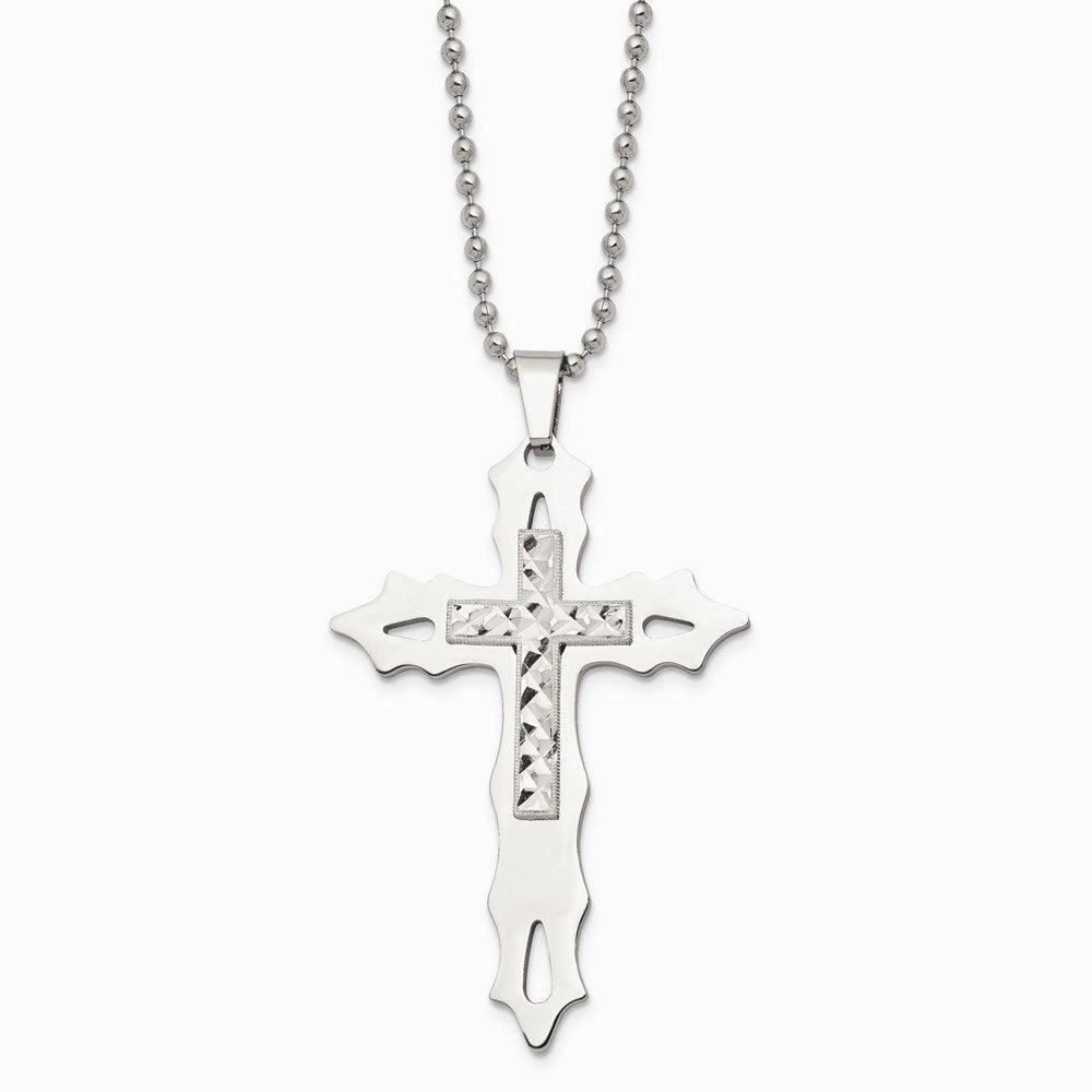 Stainless Steel & Sterling Silver Diamond Cut and Polished Cross Necklace