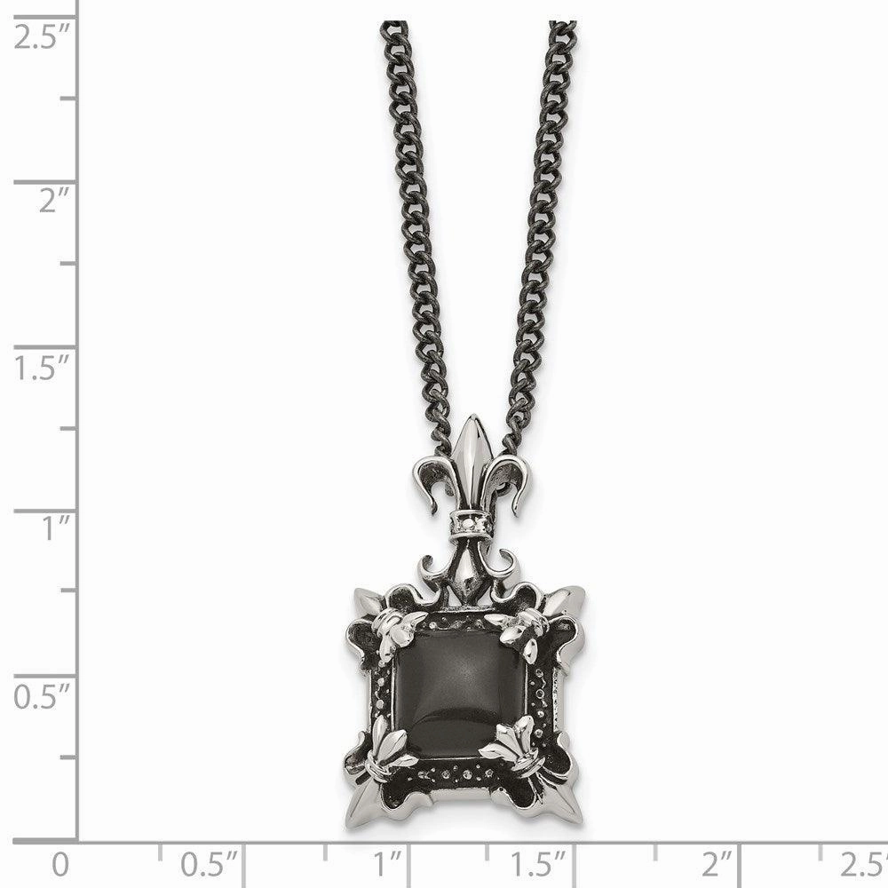 Stainless Steel Antiqued & Black Agate & Fleur de lis Necklace