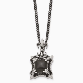 Stainless Steel Antiqued & Black Agate & Fleur de lis Necklace