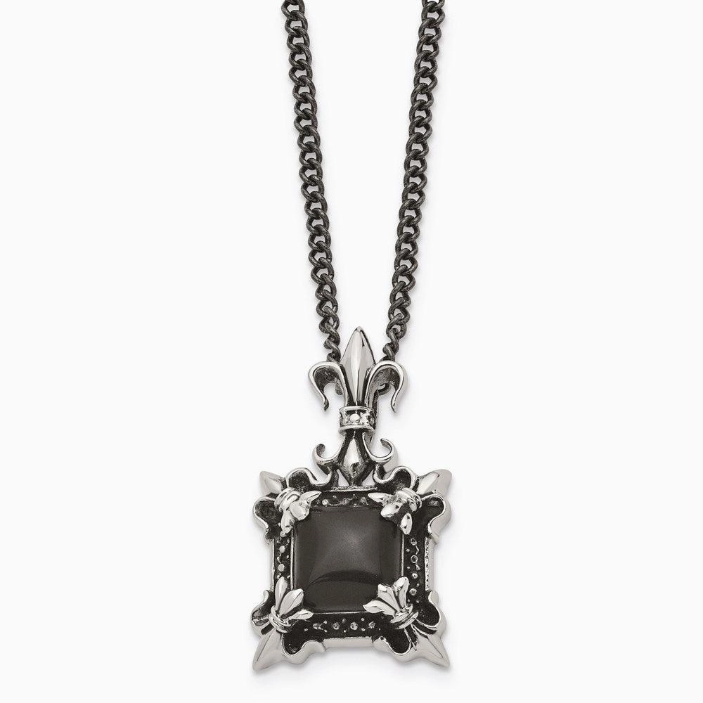 Stainless Steel Antiqued & Black Agate & Fleur de lis Necklace