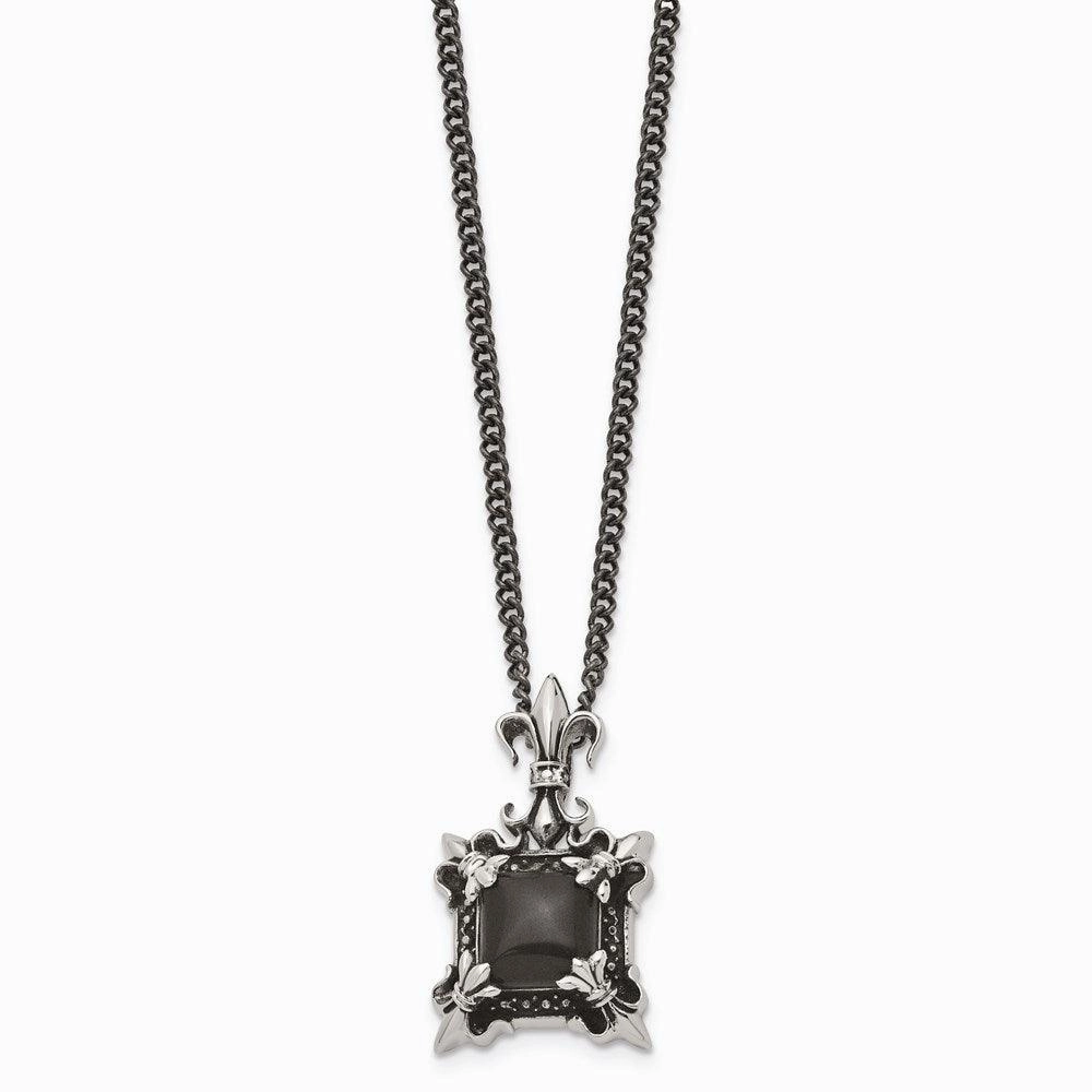 Stainless Steel Antiqued & Black Agate & Fleur de lis Necklace