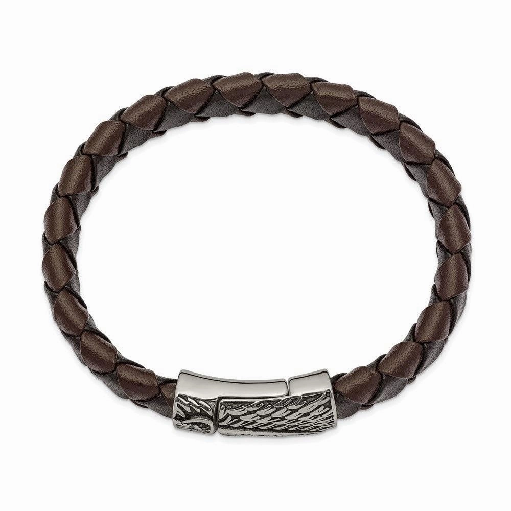 Stainless Steel Antiqued & Polished Black/Brown Leather Sword 8.5in Bracele