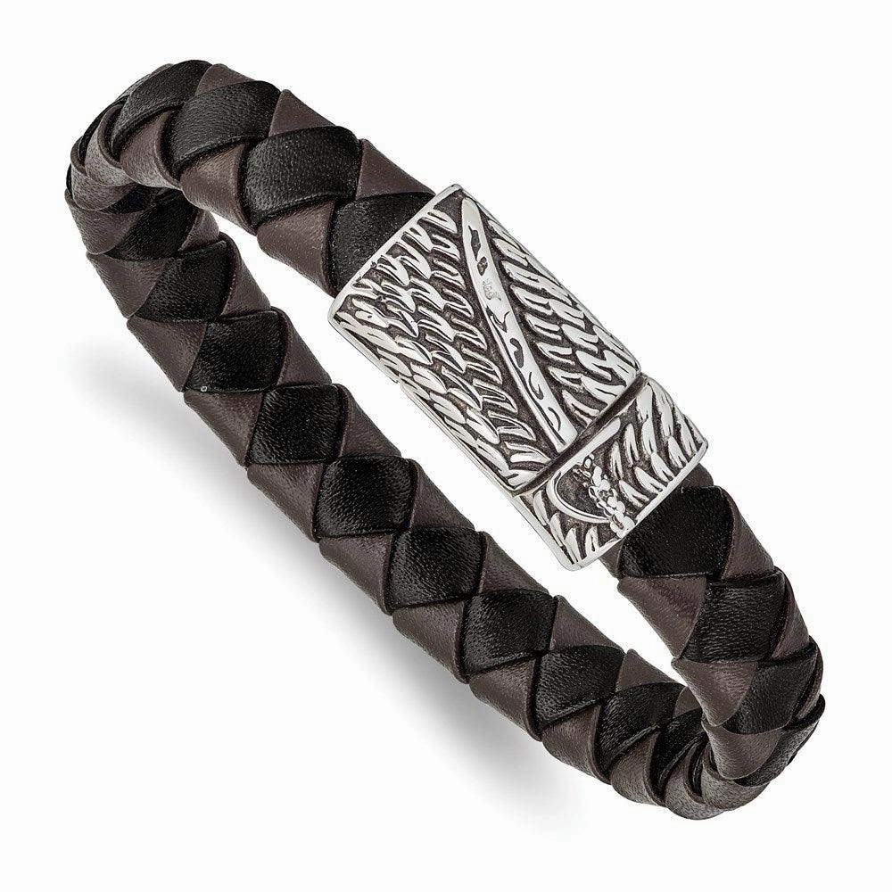 Stainless Steel Antiqued & Polished Black/Brown Leather Sword 8.5in Bracele