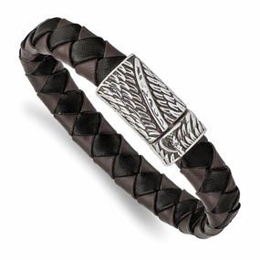 Stainless Steel Antiqued & Polished Black/Brown Leather Sword 8.5in Bracele