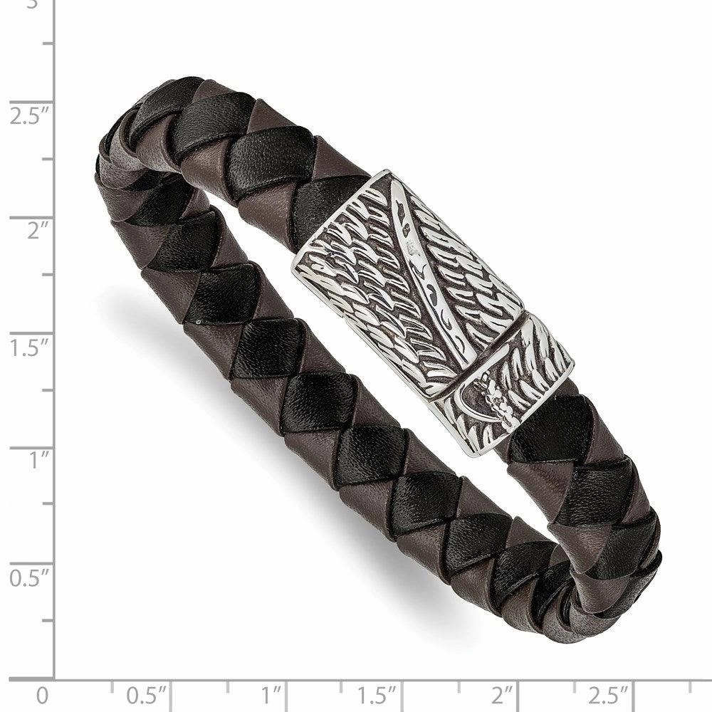 Stainless Steel Antiqued & Polished Black/Brown Leather Sword 8.5in Bracele