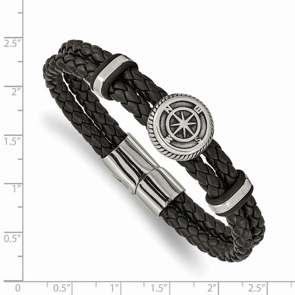 Stainless Steel Antiqued & Polished Black Leather Compass 8in Bracelet