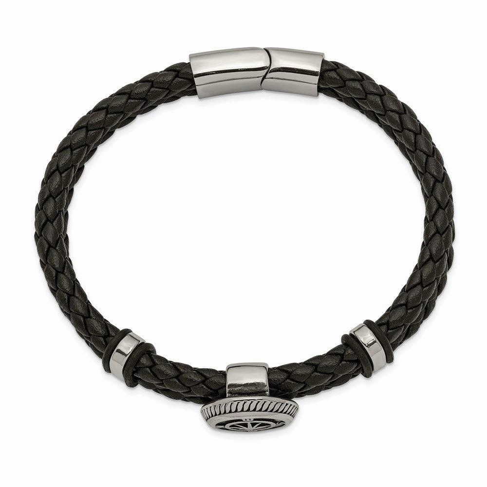 Stainless Steel Antiqued & Polished Black Leather Compass 8in Bracelet