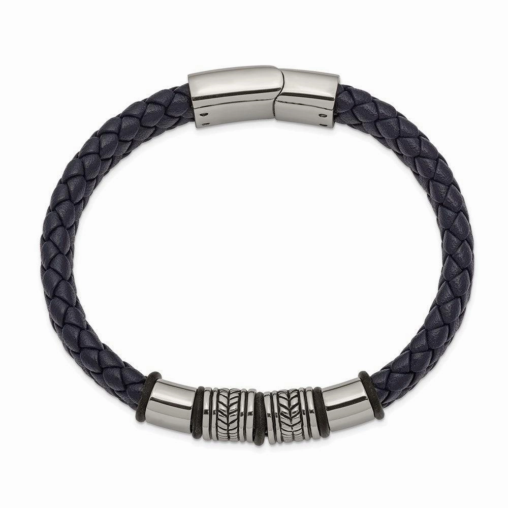 Stainless Steel Antiqued & Polished Blue Leather w/Silicone 8.25in Bracelet