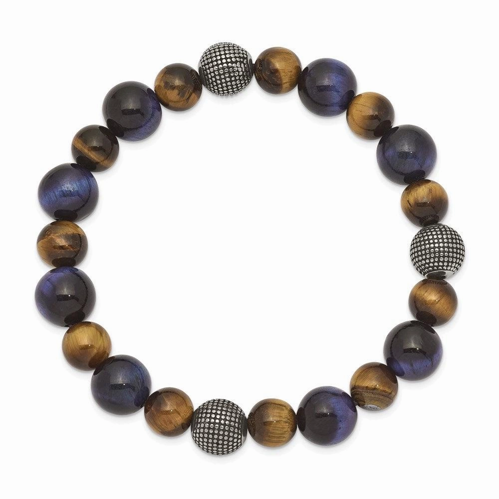 Stainless Steel Antiqued & Polished Brown/Blue Tiger's Eye Stretch Bracelet