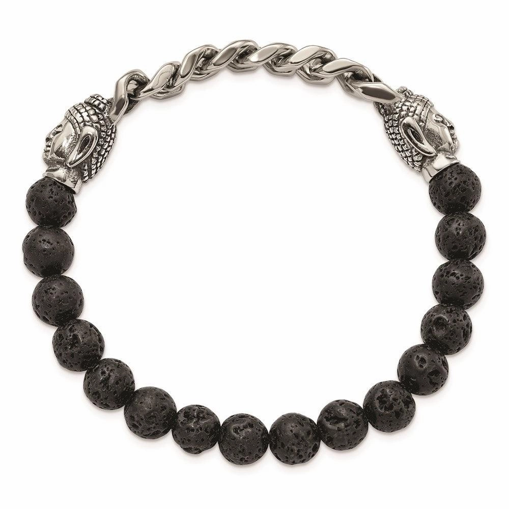 Stainless Steel Antiqued & Polished Buddha Lava Stone Beaded Stretch Bracel
