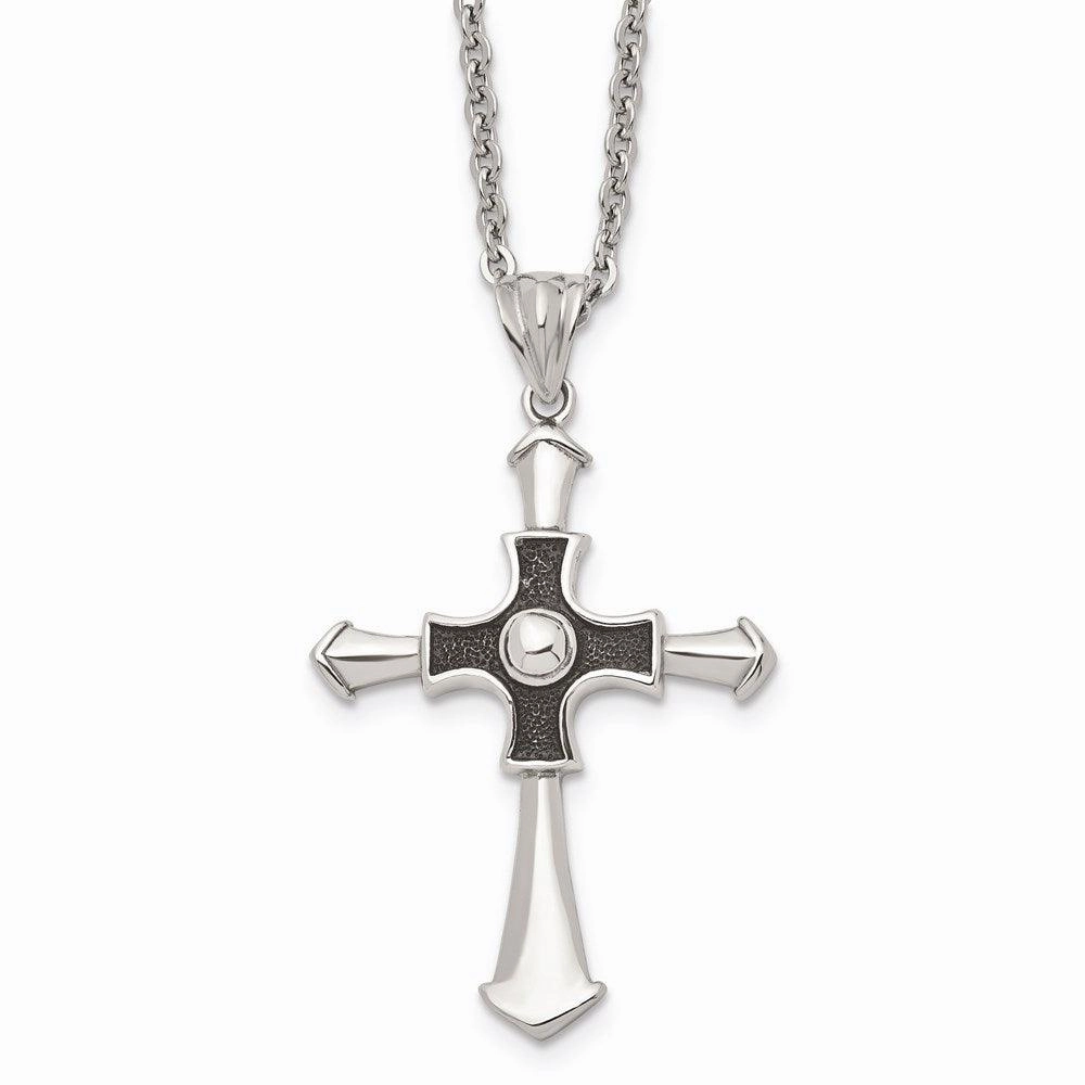 Stainless Steel Antiqued & Polished Cross 22in Necklace