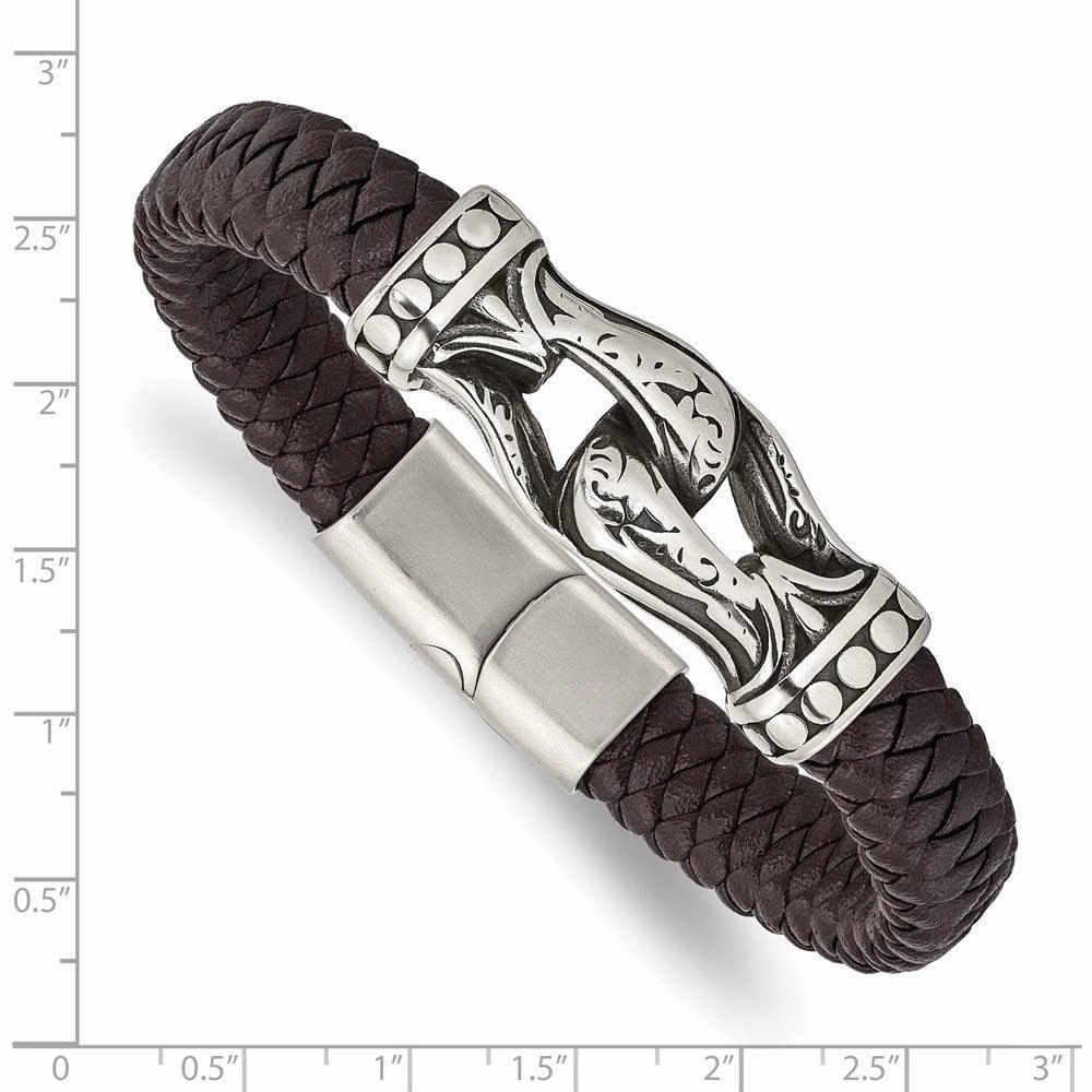 Stainless Steel Antiqued & Polished Dark Brown Faux Leather 8.5in Bracelet