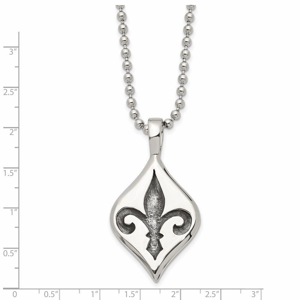 Stainless Steel Antiqued & Polished Fleur de lis Necklace