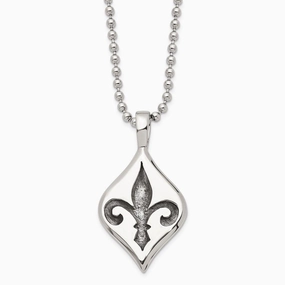 Stainless Steel Antiqued & Polished Fleur de lis Necklace