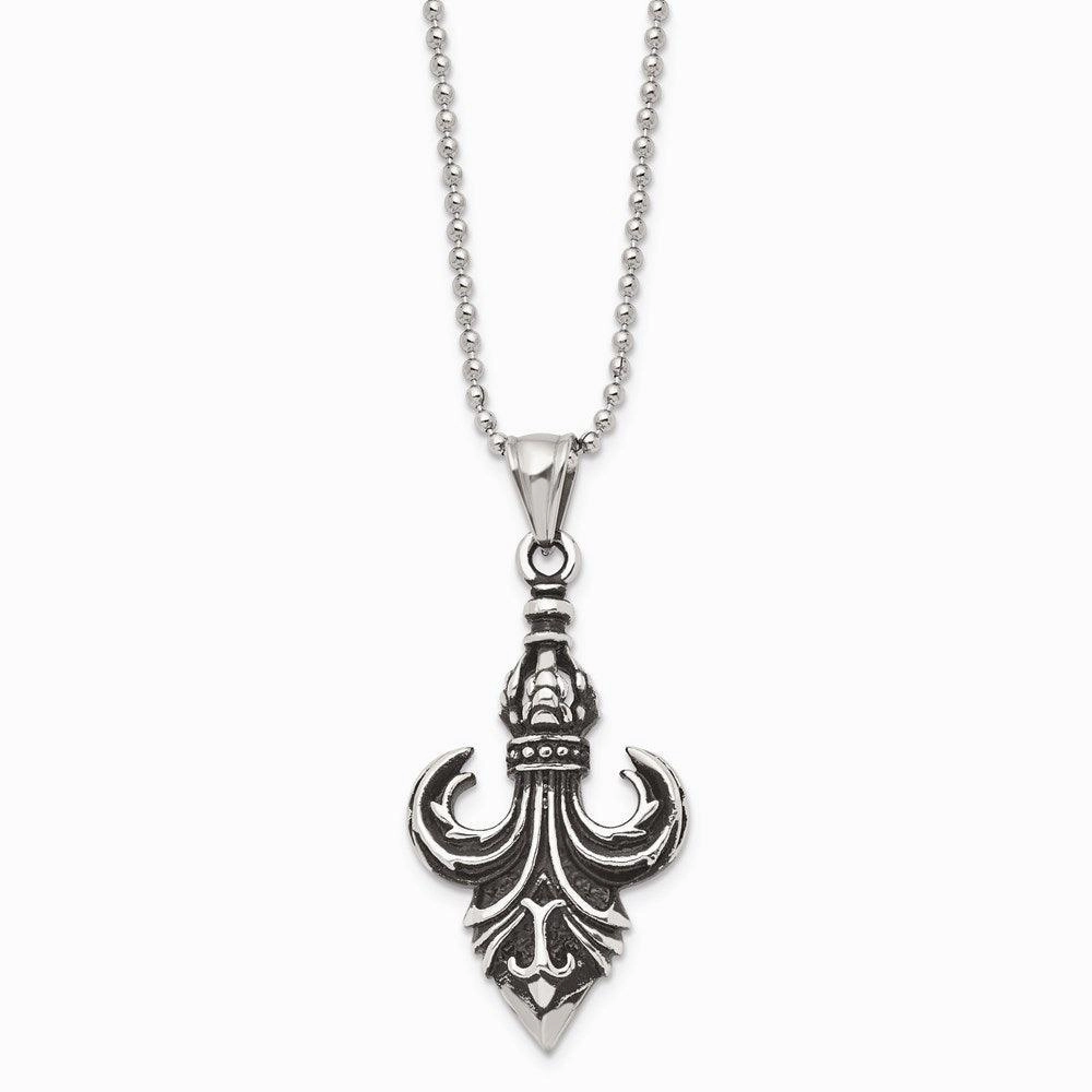 Stainless Steel Antiqued & Polished Fleur de lis Necklace