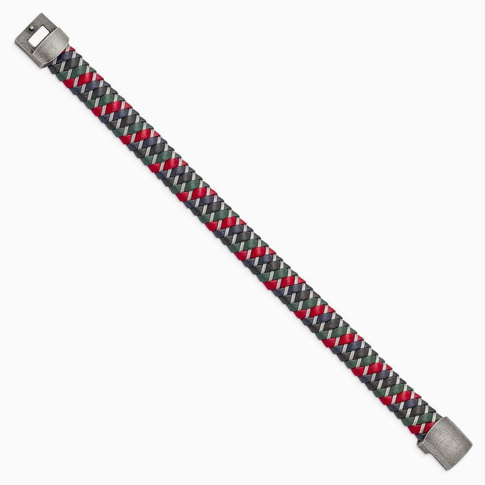 Stainless Steel Antiqued & Polished Multi-Color Leather w/Wire Bracelet