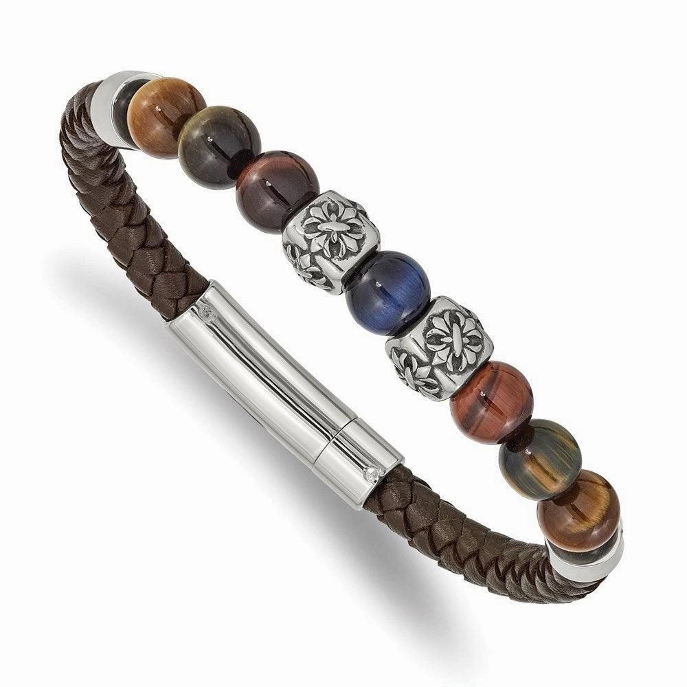 Stainless Steel Antiqued & Polished MultiColor Tiger's Eye Leather Bracelet