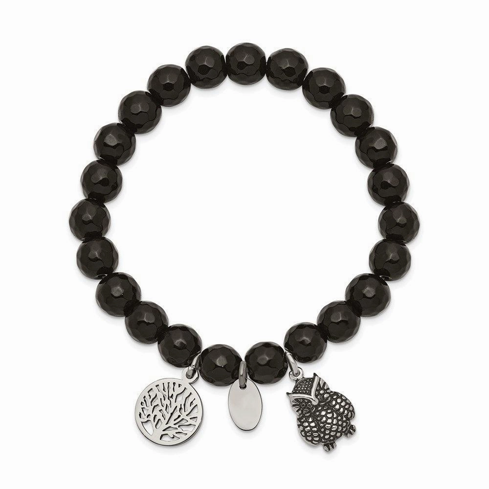 Stainless Steel Antiqued & Polished Owl Black Jade Stretch Bracelet