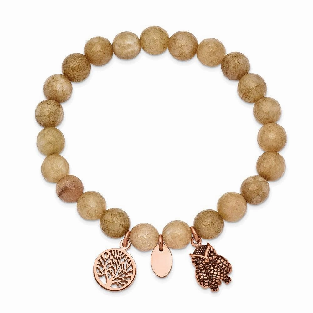 Stainless Steel Antiqued & Polished Rose IP Owl Taupe Dyed Jade Bracelet