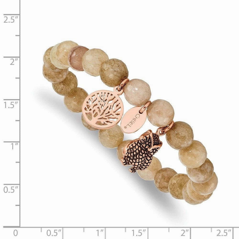 Stainless Steel Antiqued & Polished Rose IP Owl Taupe Dyed Jade Bracelet