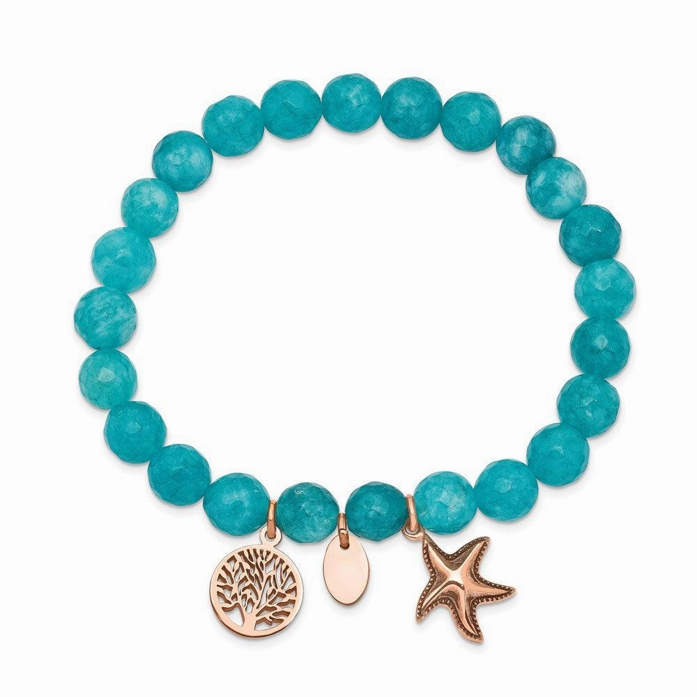 Stainless Steel Antiqued & Polished Rose IP Starfish Aqua Dyed Jade Bracele