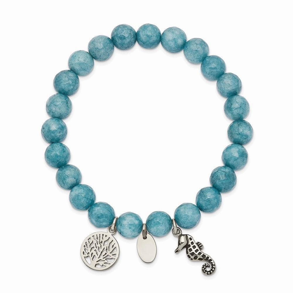 Stainless Steel Antiqued & Polished Seahorse Blue Dyed Jade Stretch Bracele