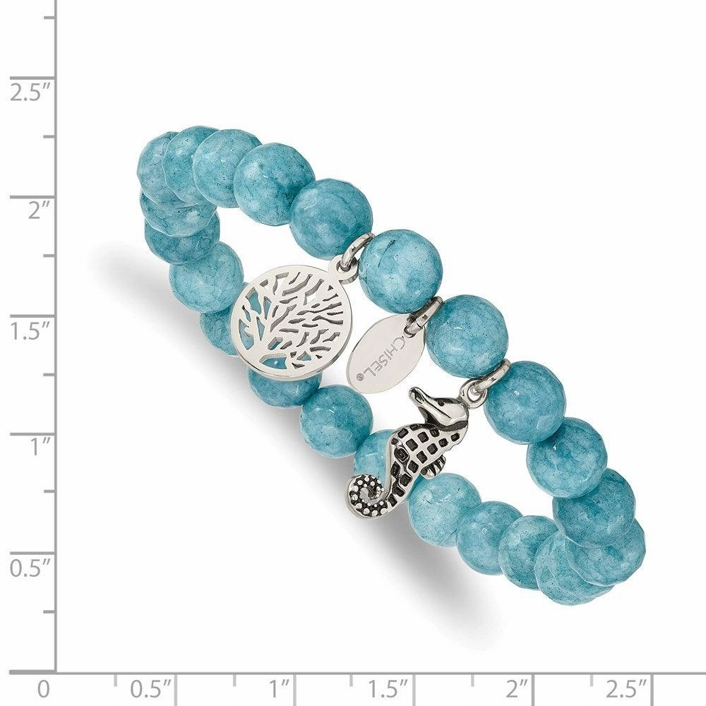 Stainless Steel Antiqued & Polished Seahorse Blue Dyed Jade Stretch Bracele
