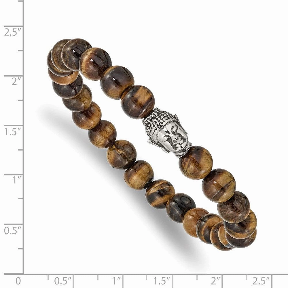 Stainless Steel Antiqued & Polished Tiger's Eye Buddha Stretch Bracelet