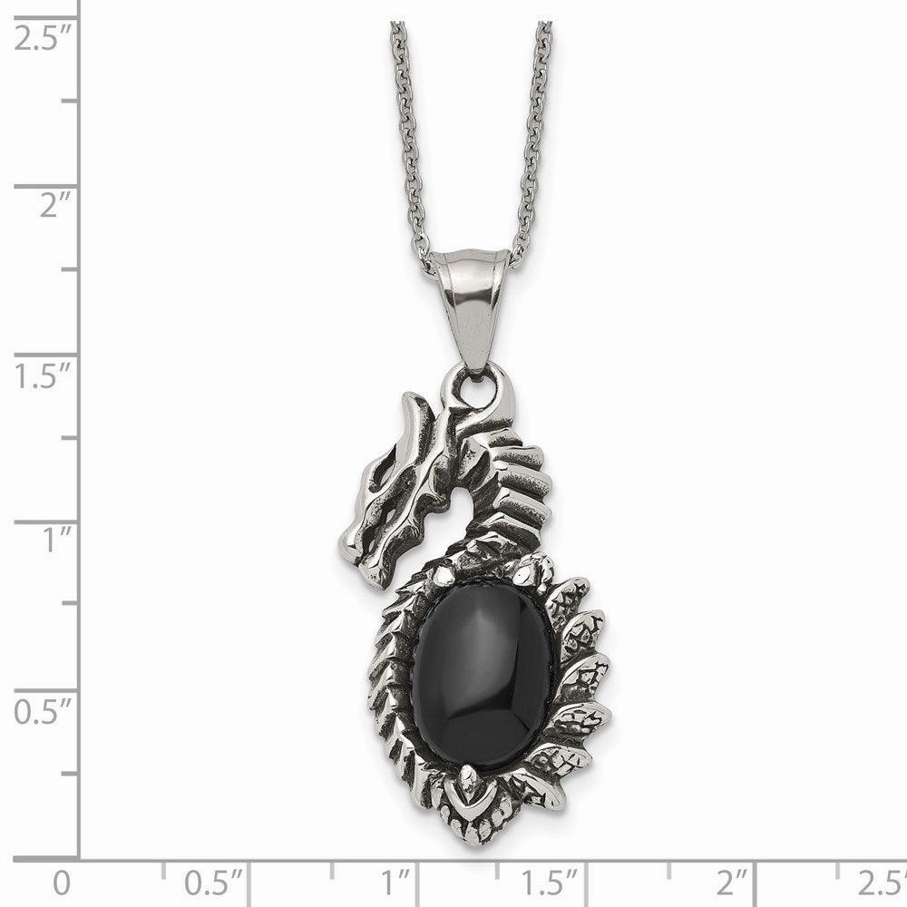 Stainless Steel Antiqued & Polished w/ Black Glass Dragon Necklace