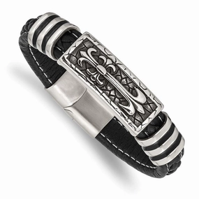 Stainless Steel Antiqued & Polished w/Enamel Faux Leather 8.5in Bracelet
