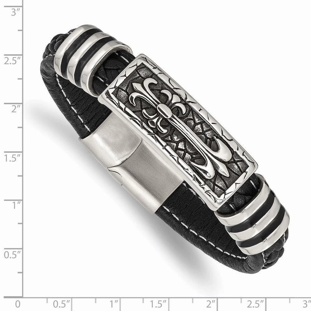 Stainless Steel Antiqued & Polished w/Enamel Faux Leather 8.5in Bracelet