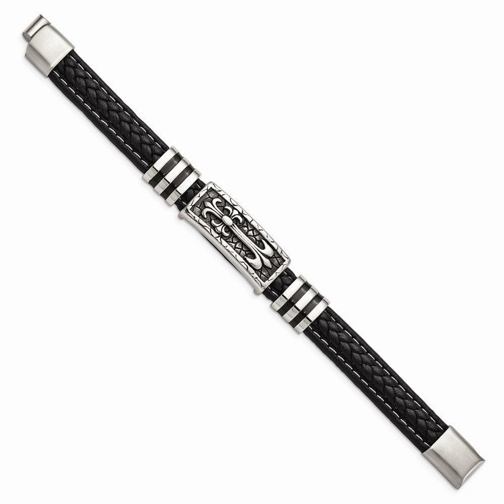Stainless Steel Antiqued & Polished w/Enamel Faux Leather 8.5in Bracelet