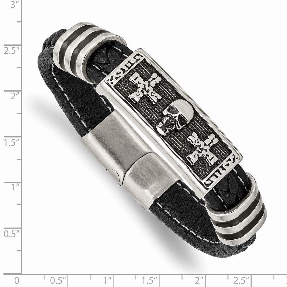 Stainless Steel Antiqued & Polished w/Enamel Skull Faux Leather Bracelet