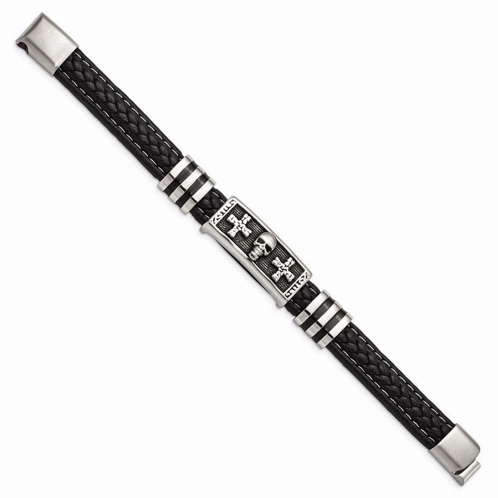 Stainless Steel Antiqued & Polished w/Enamel Skull Faux Leather Bracelet