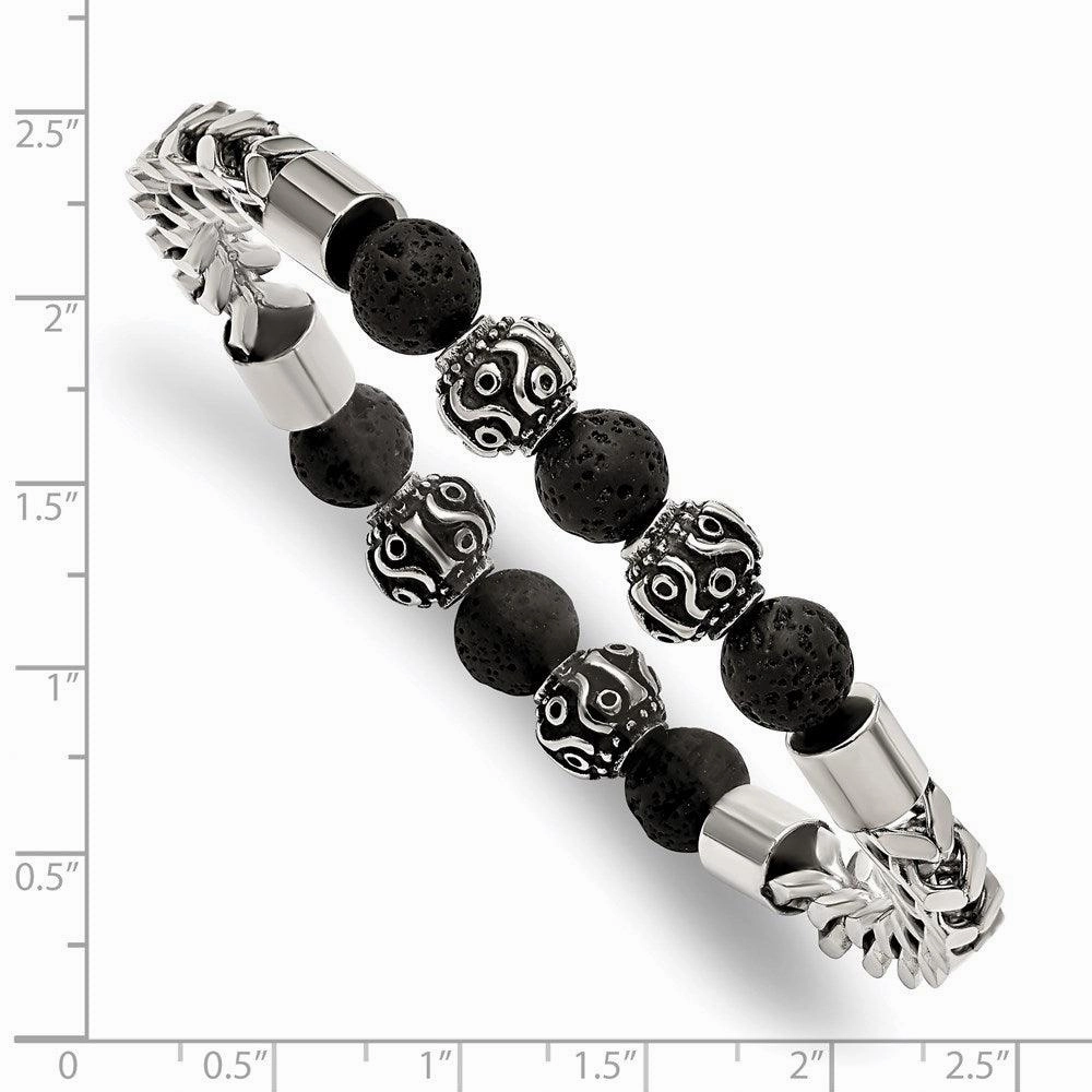 Stainless Steel Antiqued & Polished w/Lava Stone Beads Stretch Bracelet