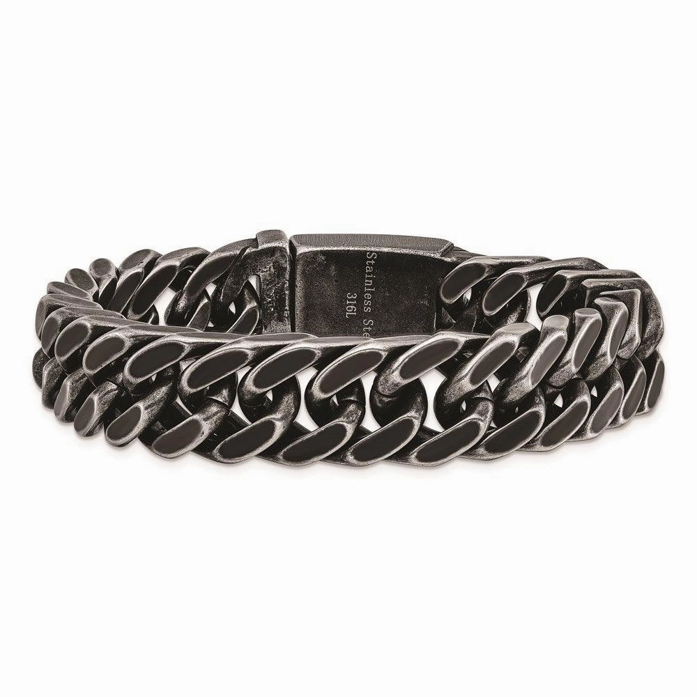 Stainless Steel Antiqued and Brushed 15mm Curb 8.5in Link Bracelet
