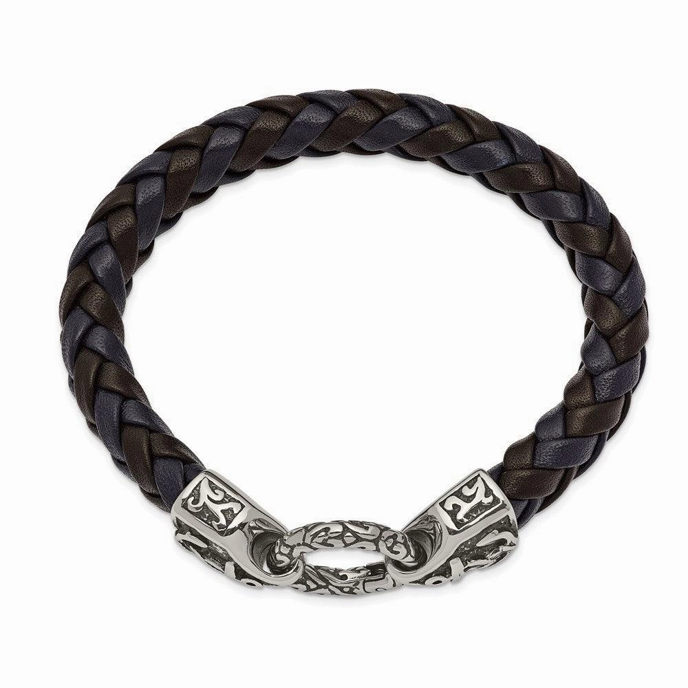 Stainless Steel Antiqued and Polished Black/Blue Leather 8.25in Bracelet