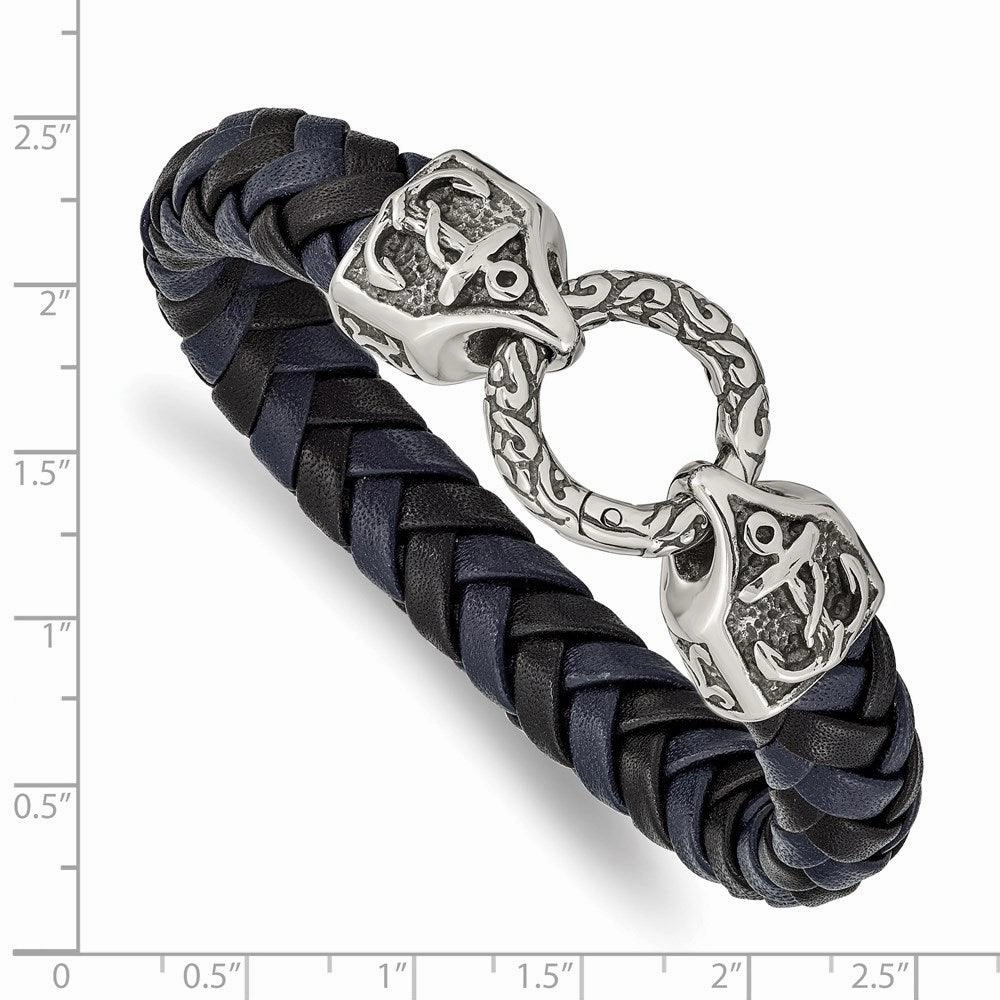 Stainless Steel Antiqued and Polished Black/Blue Leather 8.25in Bracelet