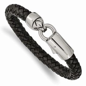 Stainless Steel Antiqued and Polished Black Leather 8.25in Bracelet